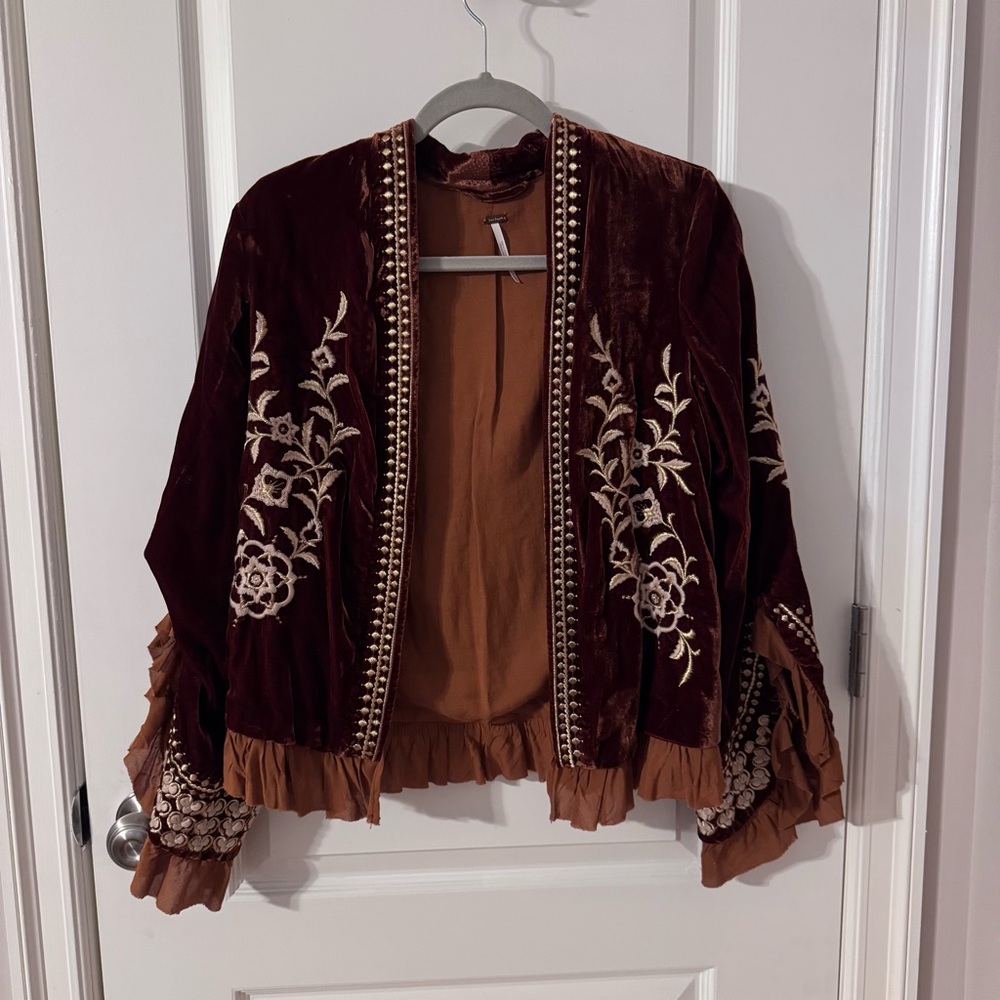 Free People Brown and Cream Embellished Ruffled Top